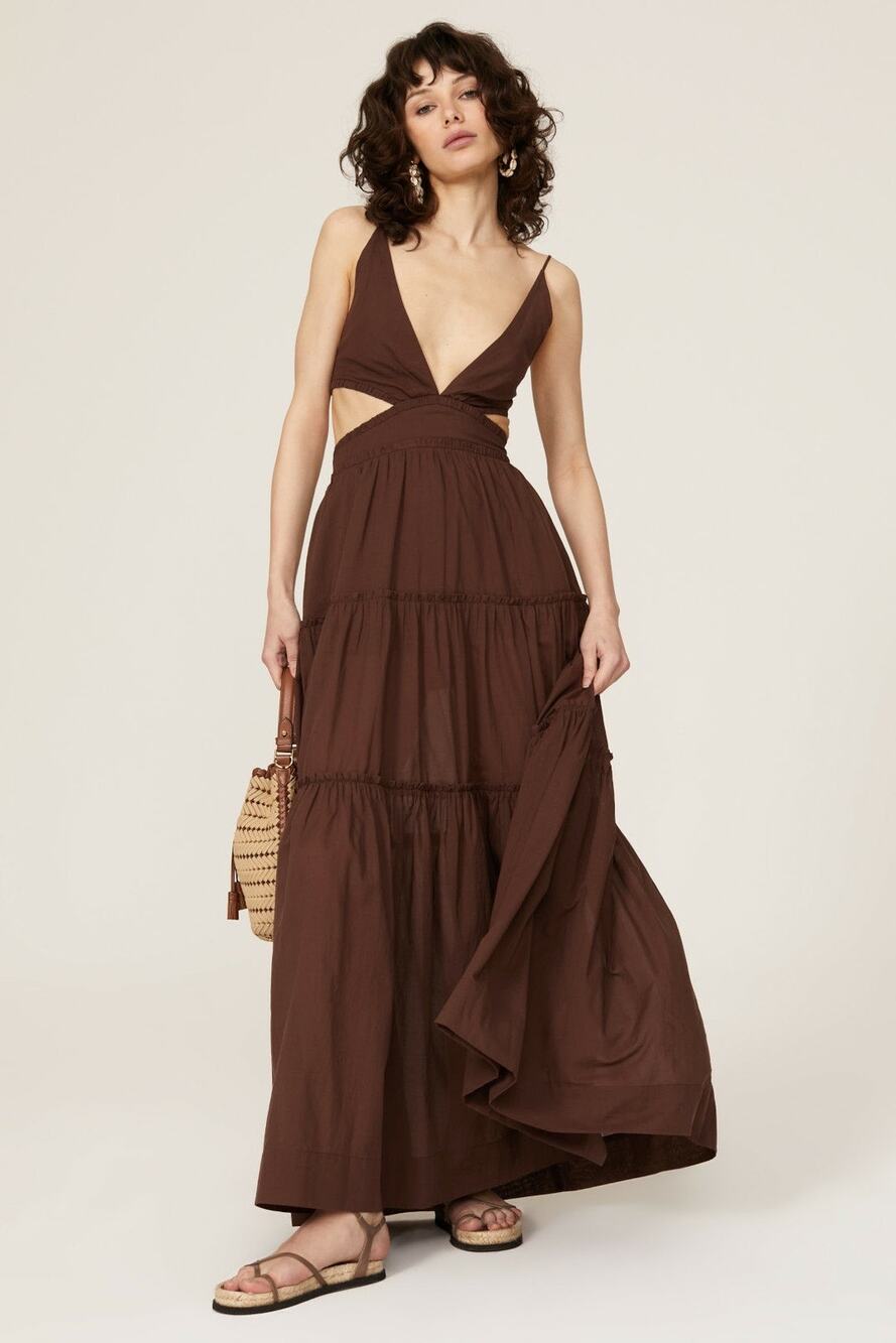 Bec + Bridge Carla Brown Cutout V-Neck Sleeveless Tiered Maxi Dress Size 8